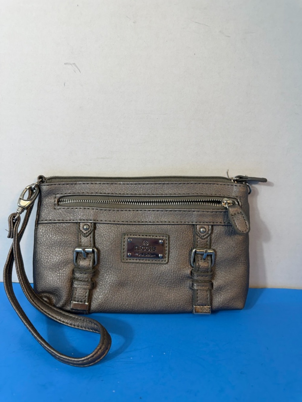 Nicole Metallic Pewter Zip-Front Wristlet